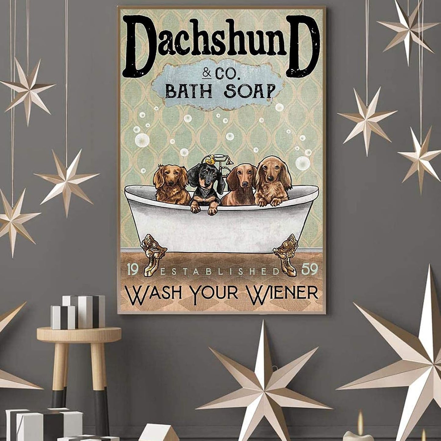 Robina Fancy Canvas Art Print Poster Some Cute Dachshund in Bathtub Bath Soap Established Wash Your Wiener Poster Cute Dachshund Canvas Wall Art Decor Poster Painting on Canvas Print Pictures for Home Decor Unframed