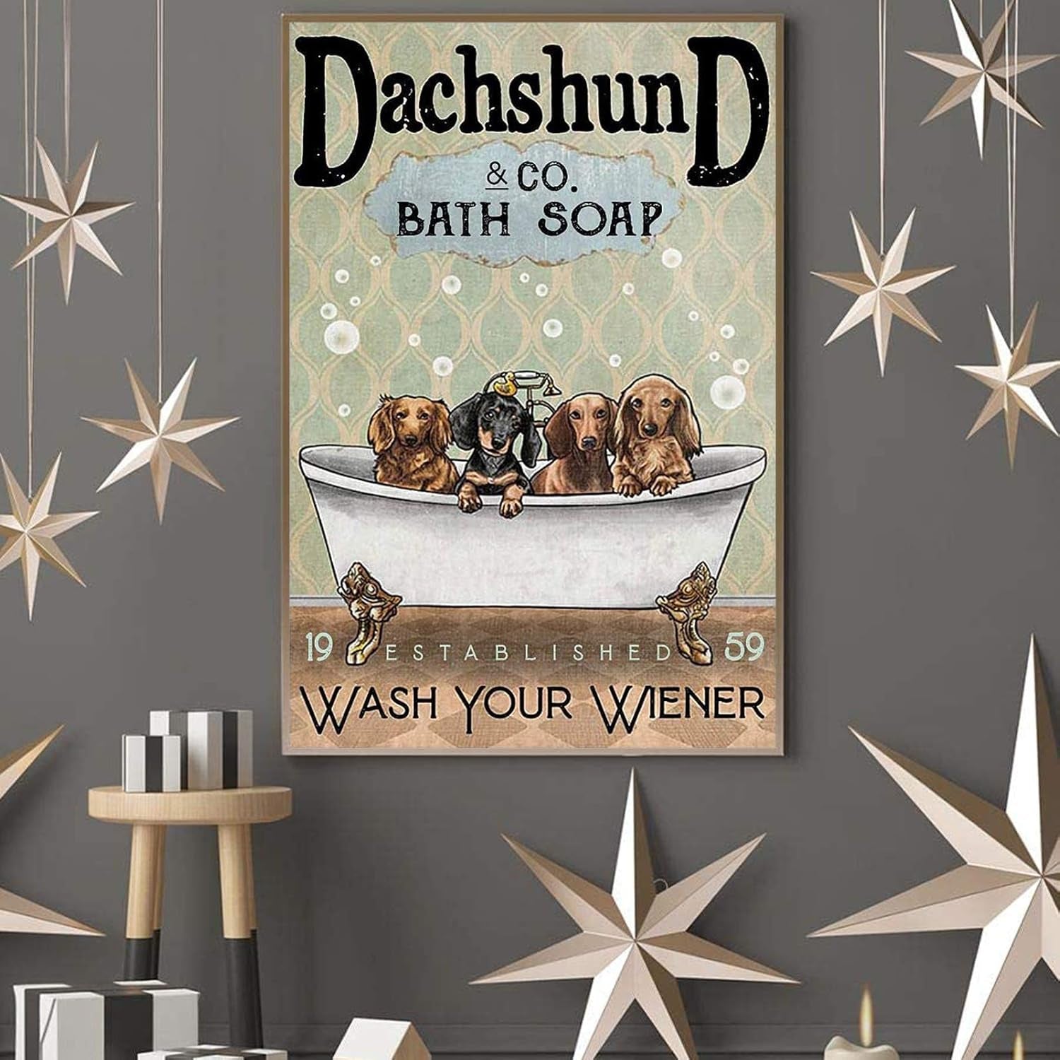 Robina Fancy Canvas Art Print Poster Some Cute Dachshund in Bathtub Bath Soap Established Wash Your Wiener Poster Cute Dachshund Canvas Wall Art Decor Poster Painting on Canvas Print Pictures for Home Decor Unframed