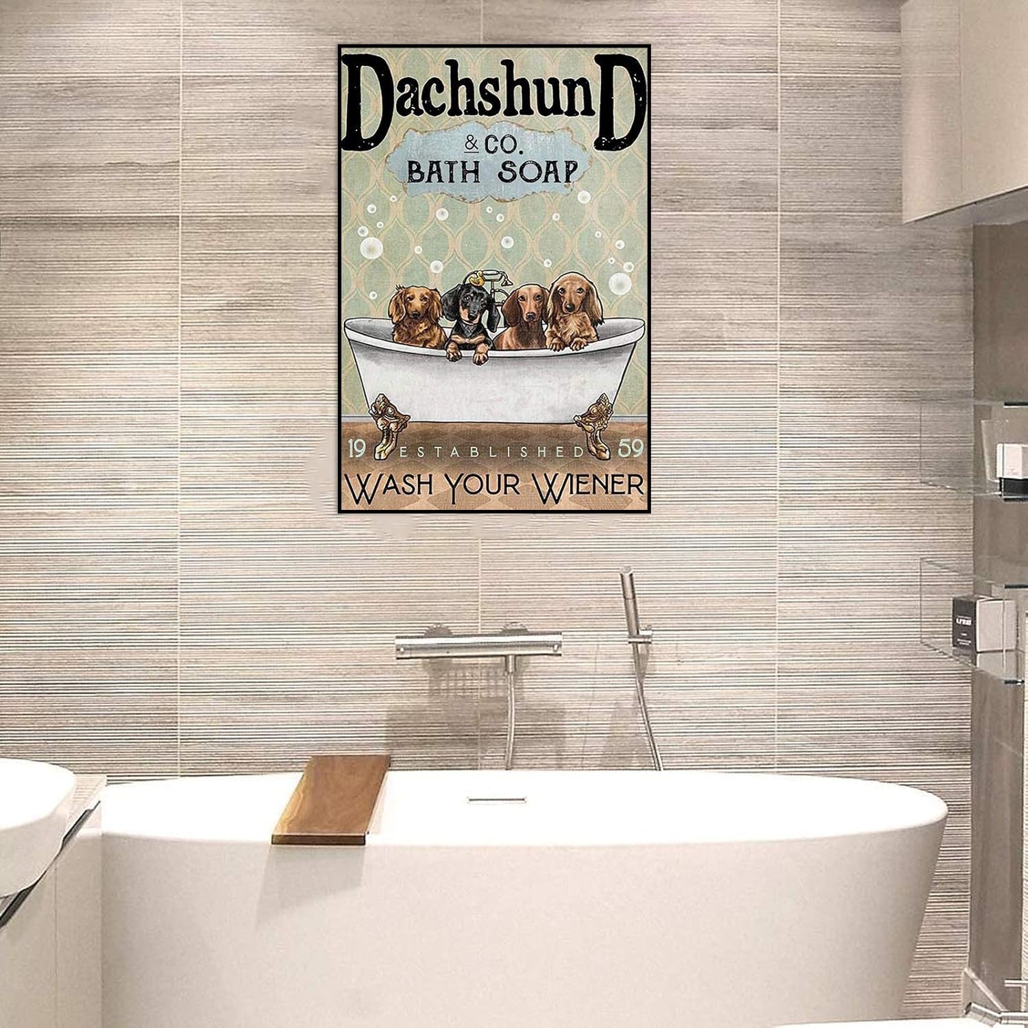 Robina Fancy Canvas Art Print Poster Some Cute Dachshund in Bathtub Bath Soap Established Wash Your Wiener Poster Cute Dachshund Canvas Wall Art Decor Poster Painting on Canvas Print Pictures for Home Decor Unframed