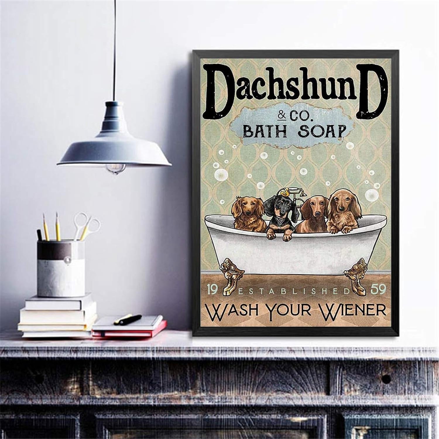 Robina Fancy Canvas Art Print Poster Some Cute Dachshund in Bathtub Bath Soap Established Wash Your Wiener Poster Cute Dachshund Canvas Wall Art Decor Poster Painting on Canvas Print Pictures for Home Decor Unframed